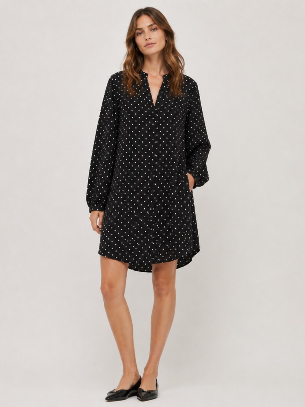H&M Women’s Black White Polka Dot Shirt Dress Long Sleeve Size 6